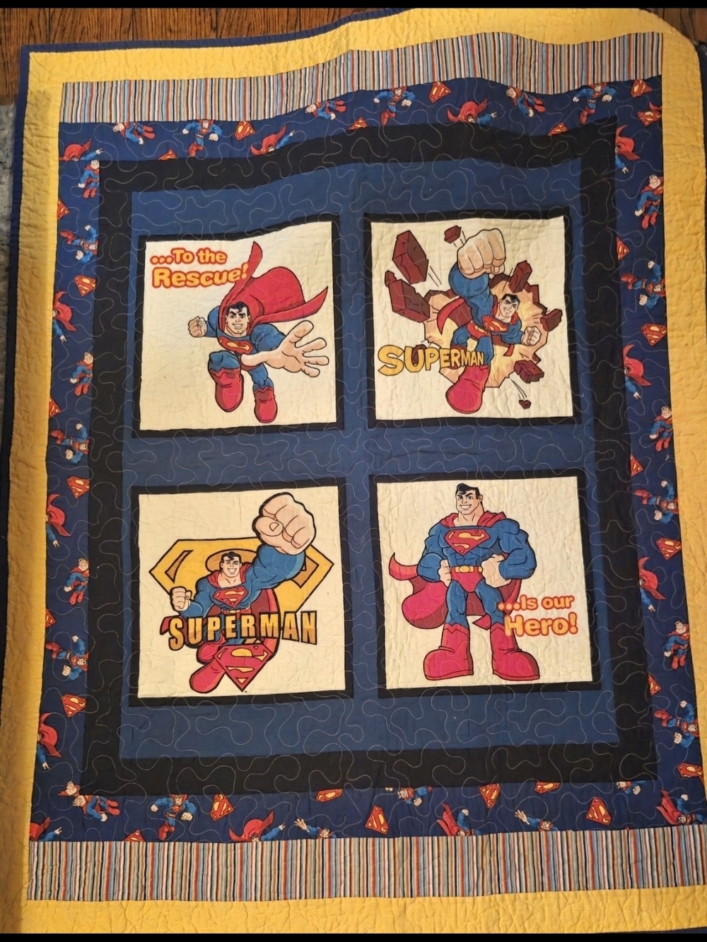 Superman Panel Quilt - Blue, Yellow, Red